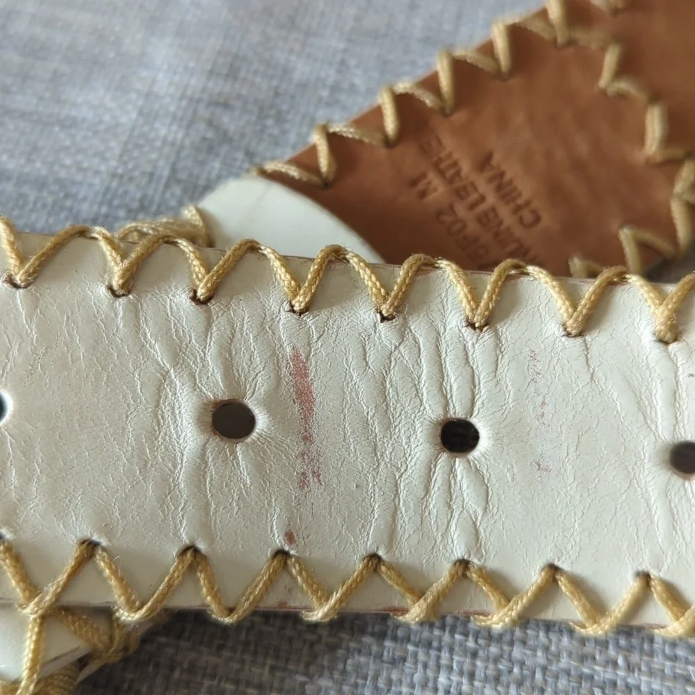 Ivory Genuine Leather Beaded Belt Gold Whipstitch Sequin Boho Western